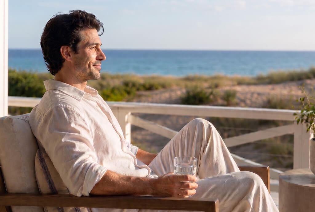 Man relaxing outdoors by the beach, representing wellness and recovery during travel.