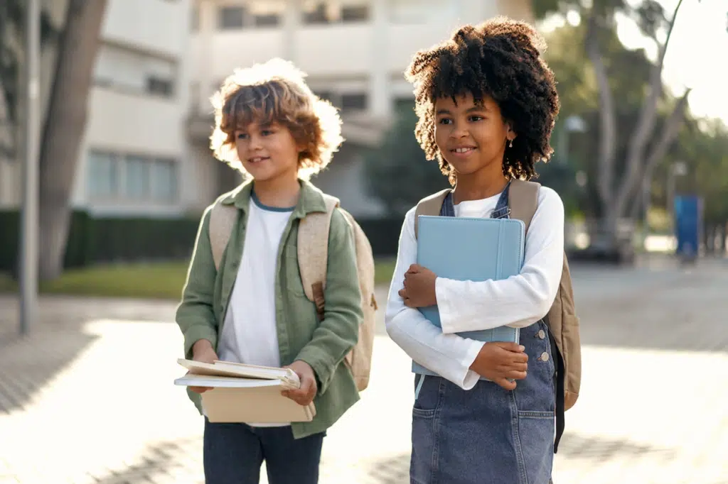 Children ready for back-to-school with backpacks and school supplies.